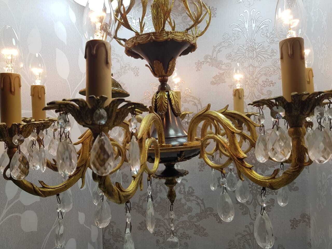 French Ornate Classic BRASS Black Varnish Crystal 8 ARMS CHANDELIER FIXTURE LAMP