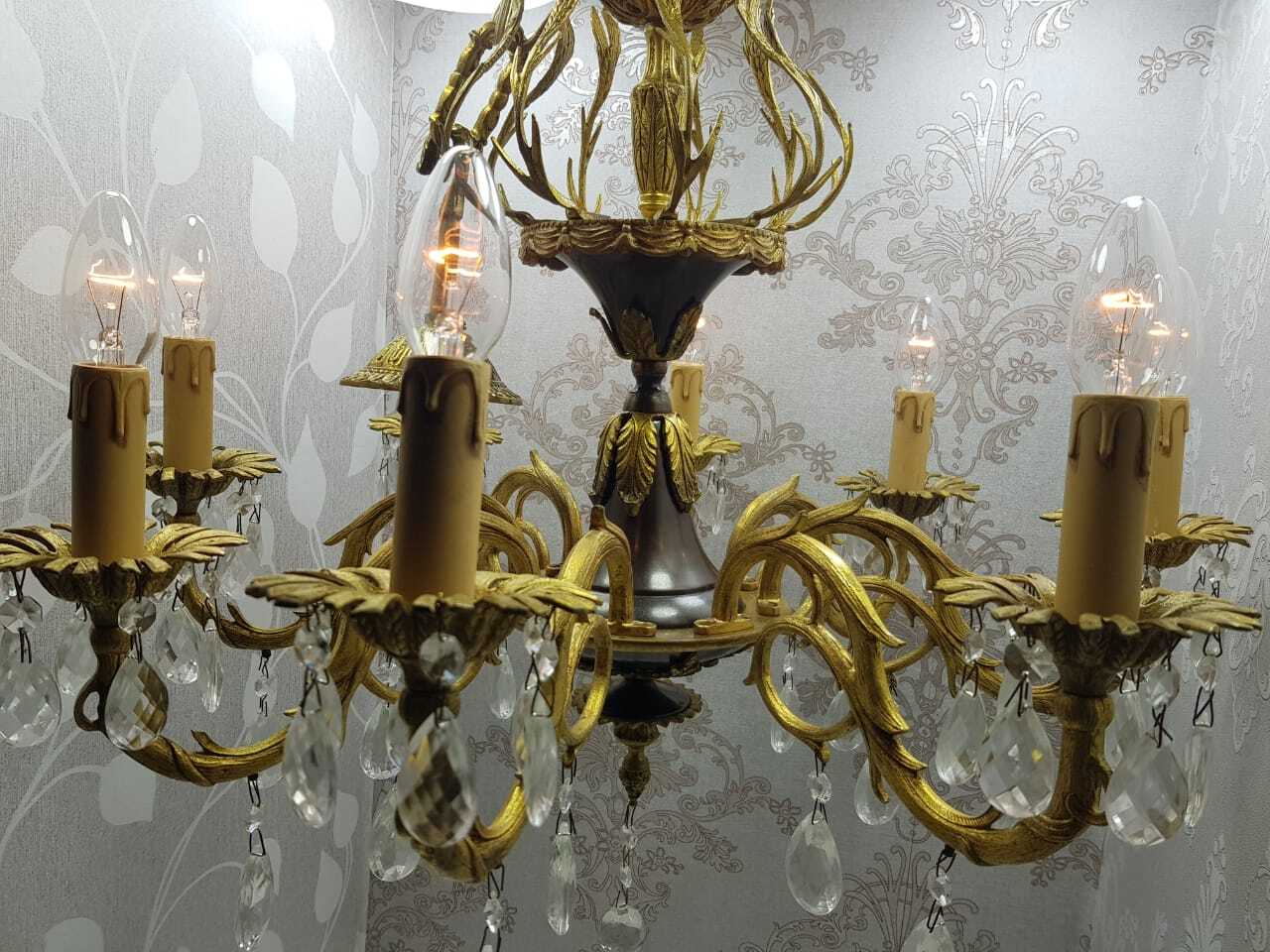 French Ornate Classic BRASS Black Varnish Crystal 8 ARMS CHANDELIER FIXTURE LAMP
