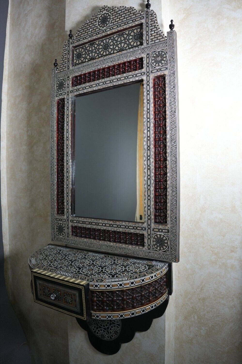 Antique Egyptian Carved Wood Wall Shelf Mirror Console Mother of Pearl Inlay